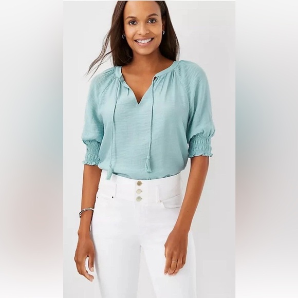 Ann Taylor Tops - Ann Taylor Women's Size S Gauze Tie Neck Smocked Sleeve Top Blouse Oyster Blue